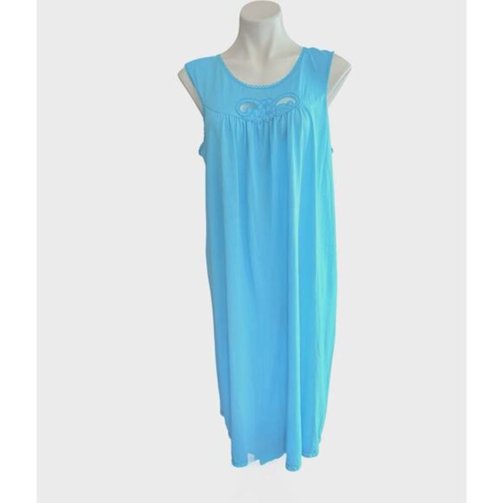 Vtg Lorraine Aqua Blue Silky Nylon Lace Night Gown Sz L Waltz Length